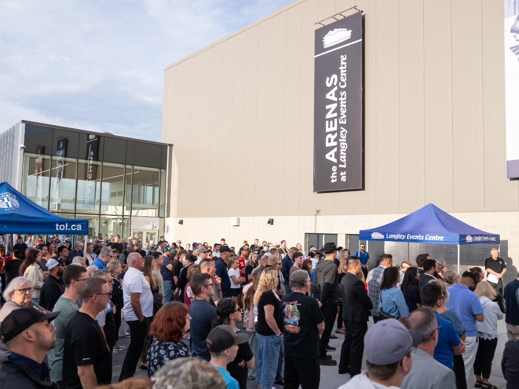 Crowd gathered outside the ARENAS at Langley Events Centre on opening day