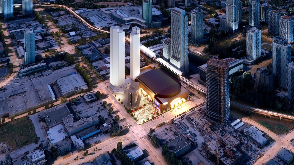 Aerial concept rendering of the Surrey City Centre Arena and Entertainment District with two residential towers