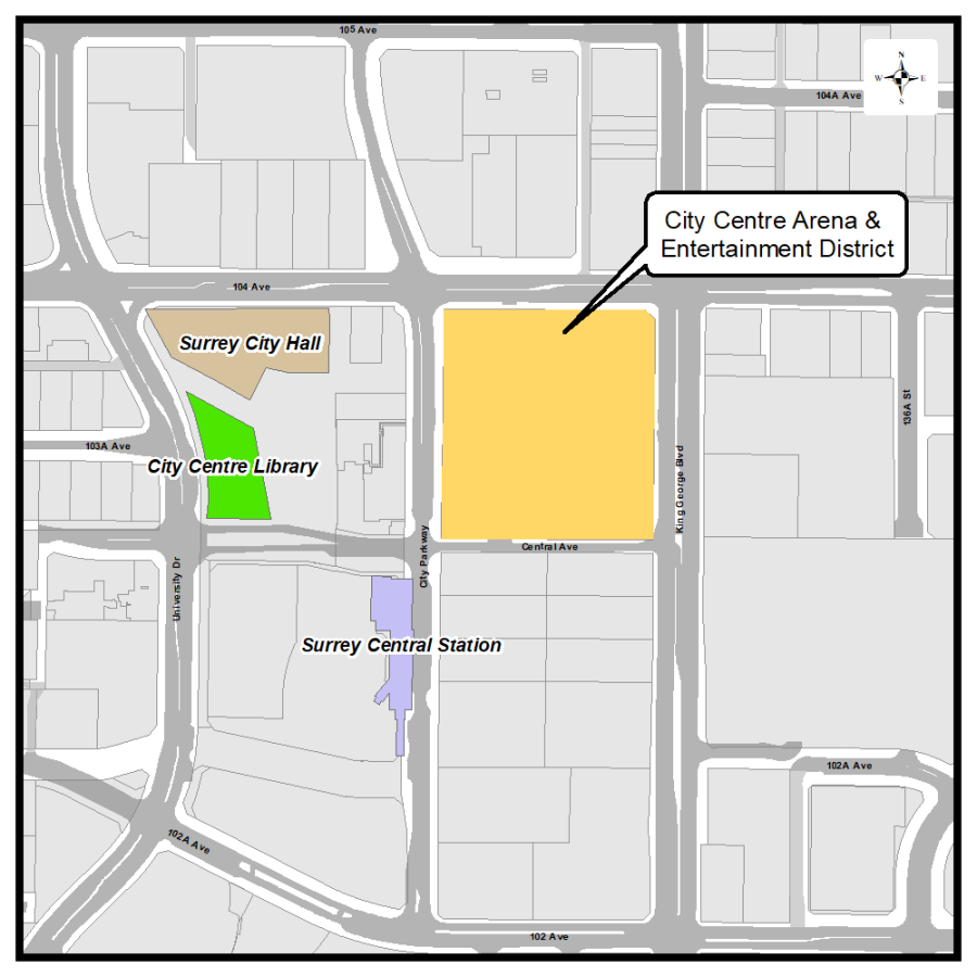 Map of the Surrey City Centre Arena and Entertainment District at King George Boulevard and 104 Avenue, near Surrey Central Station and City Hall