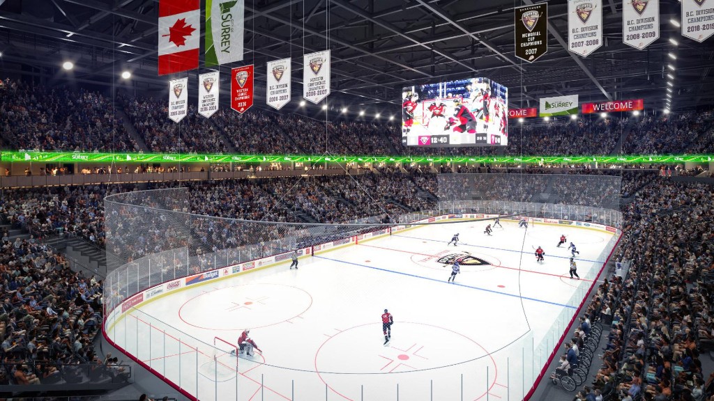 Concept rendering of a Vancouver Giants hockey game at the planned Surrey City Centre Arena