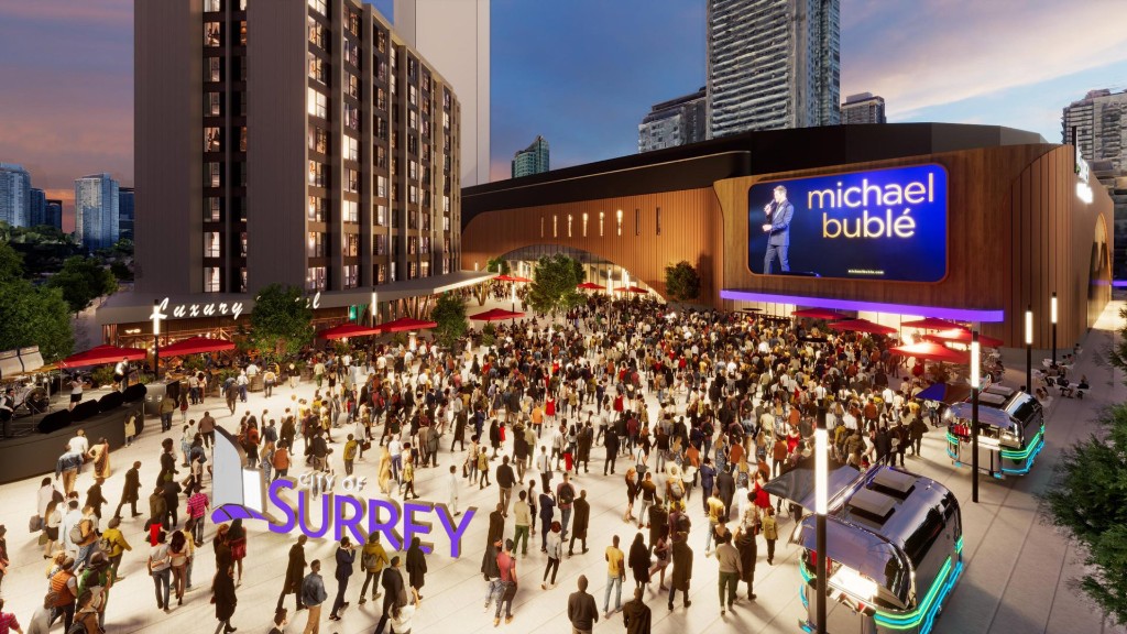 Concept rendering of the Surrey City Centre Entertainment District plaza at dusk, with crowds and arena lighting