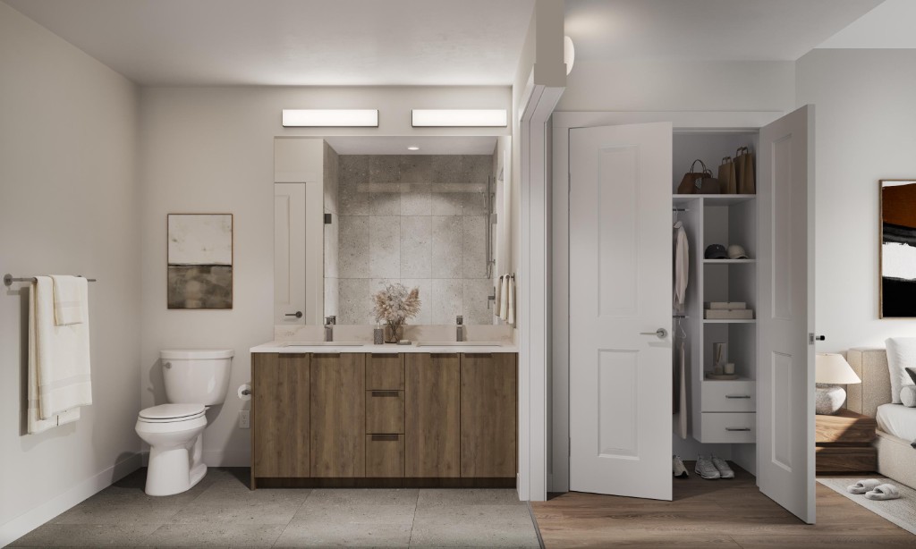 Ensuite bathroom and closet in the condos at Atlin and Bute at Clayton Crest, West Clayton, Surrey