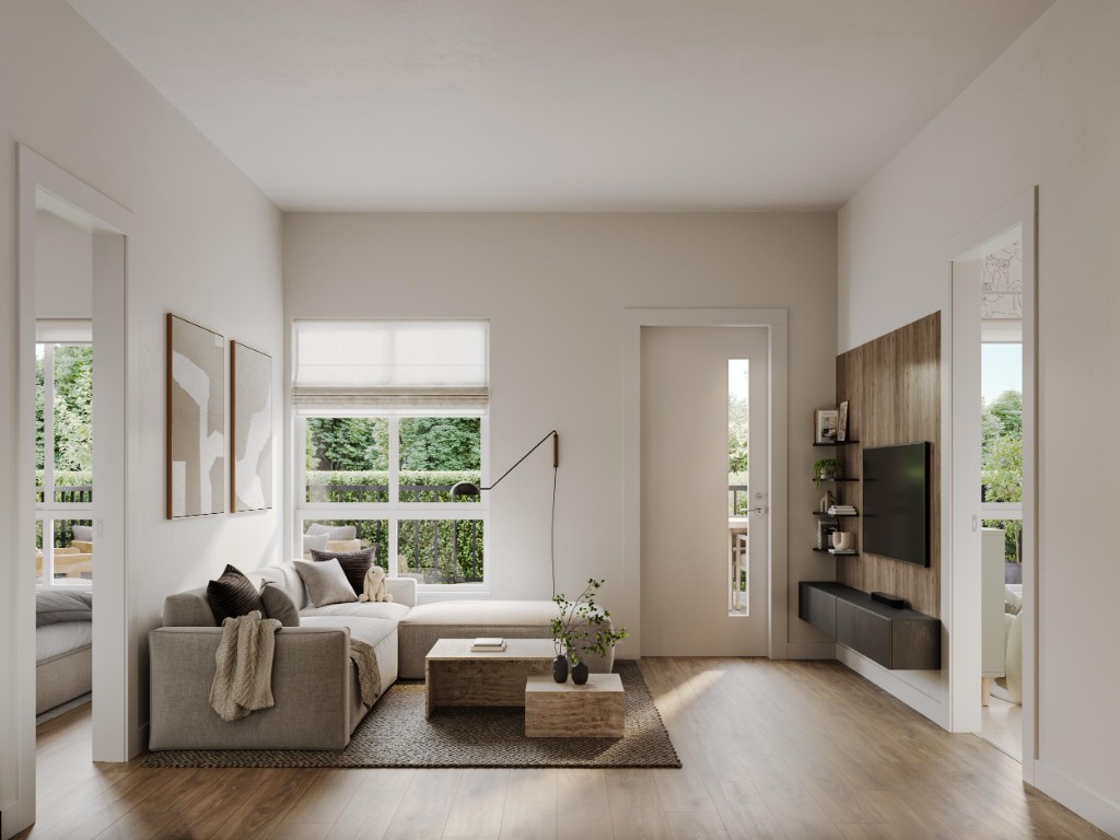 Open-concept living room in the condos at Atlin and Bute at Clayton Crest, West Clayton, Surrey