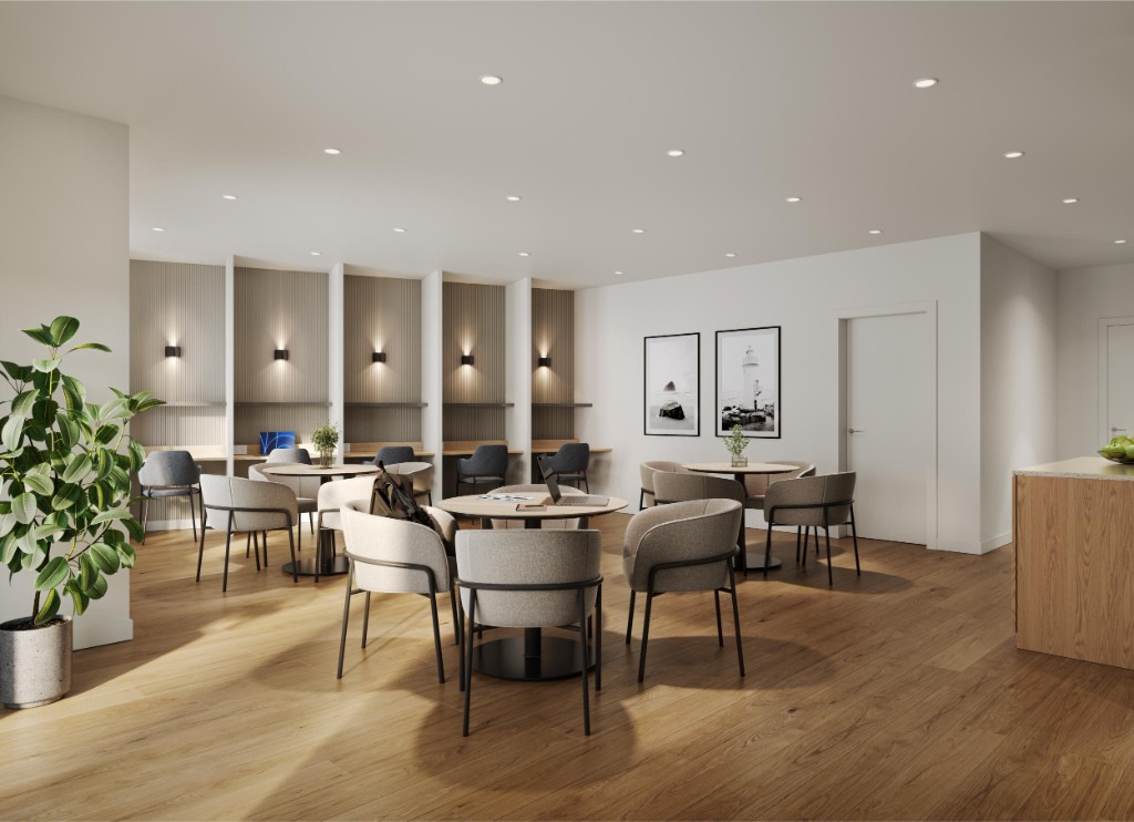 Resident co-working space at Clayton Crest, shared by Atlin and Bute in West Clayton, Surrey