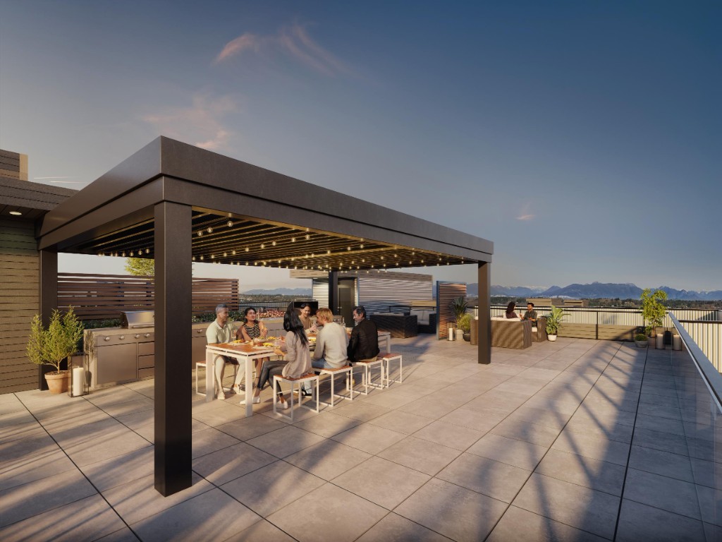 Rooftop patio with a built-in BBQ and mountain views at Clayton Crest, shared by Atlin and Bute in West Clayton, Surrey